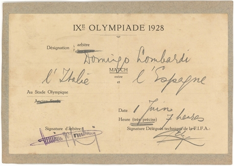 1928 Domingo Lombardi Signed Olympic Games Match Card Appointed For Italy vs. Spain Match 